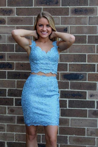 Two Piece Blue Tight Short , Sheath Homecoming Dresses Lace Clarissa CD22871