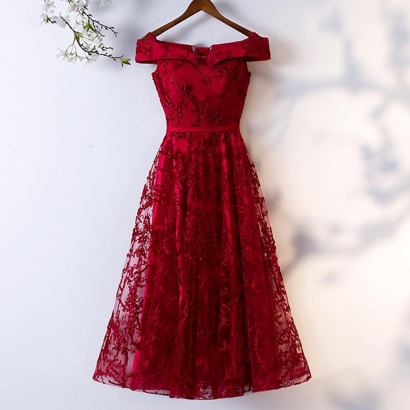 Dark Red Off Shoulder Short Homecoming Dresses Lace Haylie Party Dress Formal Dress Wine Red CD23215