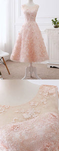 Elegant Homecoming Dresses Pink Lace Meg A-Line Scoop Neck Tea Length Short CD23294