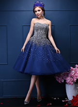 Load image into Gallery viewer, Navy Blue Sequins Homecoming Dresses Campbell Sweetheart Tulle Knee Length Party Dresses Blue CD23371