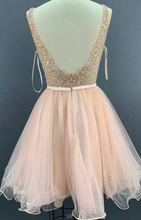 Load image into Gallery viewer, PINK V NECK TULLE SEQUIN SHORT DRESS PINK TULLE Erika Homecoming Dresses CD2390