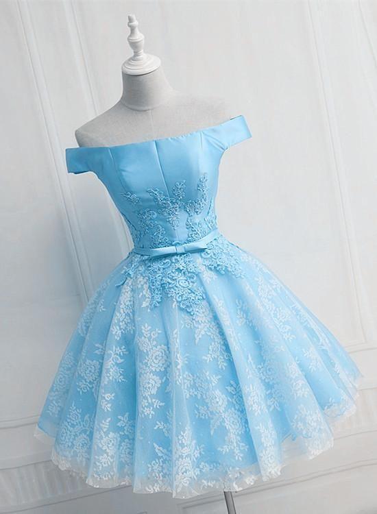 Light Blue And Short Lace Aaliyah Homecoming Dresses Satin Party Dress, Blue CD24265