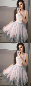 Round Neck Tulle Homecoming Dresses Lace Pink Selah Short , CD245
