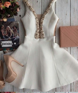 Hot Deep V Neck With Homecoming Dresses Isabel Ivory Beading Pearls Short CD2478
