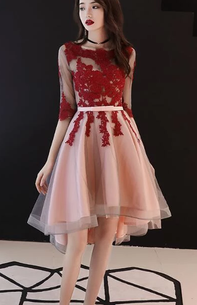Beautiful 1/2 Sleeves High Low Red Party Dress Selina Homecoming Dresses Lace Short CD2507