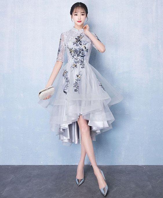 Cute Lace Aleena Homecoming Dresses Gray Tulle Applique High Low Dress Gray CD2560