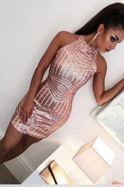 Sexy Halter Sleeveless Open Back Tight Short Rose Harper Homecoming Dresses Gold With Sequins CD2589