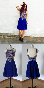 Open Back Rhinesstone Aline Short Haylee Homecoming Dresses Royal Blue Dress Party Dress CD2603