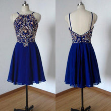 Load image into Gallery viewer, Open Back Rhinesstone Aline Short Haylee Homecoming Dresses Royal Blue Dress Party Dress CD2603