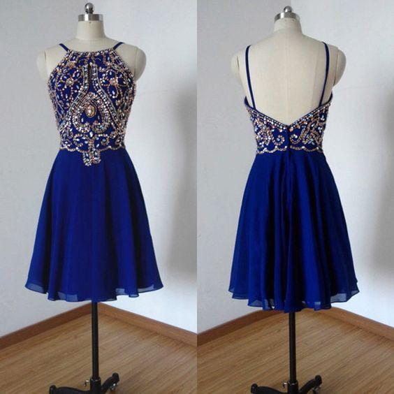 Open Back Rhinesstone Aline Short Haylee Homecoming Dresses Royal Blue Dress Party Dress CD2603