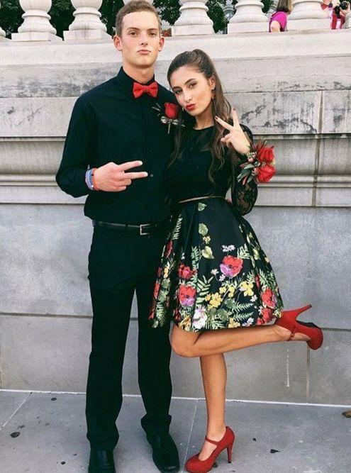 Two Piece Jewel Bodice Long Sleeve Lace Homecoming Dresses Jane Satin With Floral Print Skirt CD3276