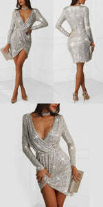 Sexy Sequin Long Deep V Homecoming Dresses Karina Exposed Sleeve Night Club Party CD3335