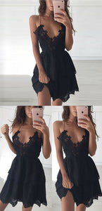 Black Camila Homecoming Dresses Lace Sexy A-Line Deep V-Neck Black CD349