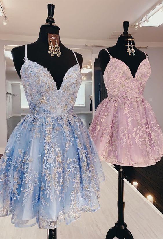Princess Short , Light Sky Blue Lace Homecoming Dresses Ivy Pink Formal , Hoco Dresses For Teens CD3503