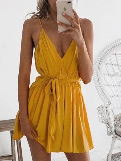 Bianca Homecoming Dresses Yellow Plunge Tie Waist Open Back Ruched Chic Women Cami Mini CD3529