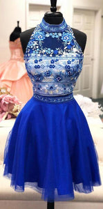 Two Piece Homecoming Dresses Brenda Royal Blue With High Neck And Floral Top CD3900