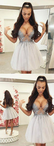 Sexy A-Line V-Neck Short Tulle Ivory Angie Homecoming Dresses With Beading CD394