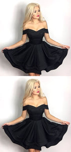 Satin Teresa Homecoming Dresses Chic V-Neck Off Shoulder Ruffle Short Black CD421