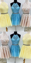 Load image into Gallery viewer, Jewel Up Back Yellow A Line Homecoming Dresses Madilyn Lace With Appliques Beading CD4308