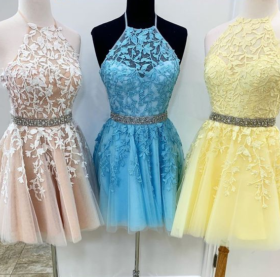 Jewel Up Back Yellow A Line Homecoming Dresses Madilyn Lace With Appliques Beading CD4308