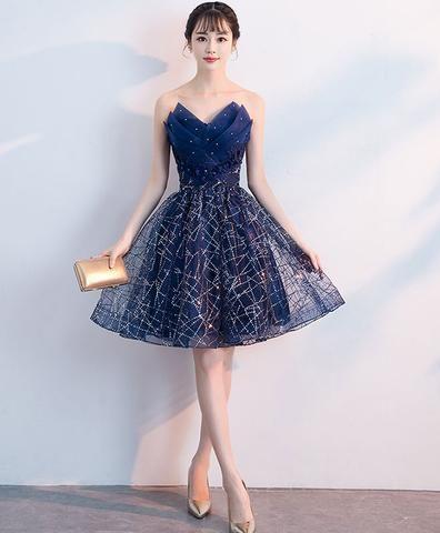 Dark Blue V Neck Tulle Sequin Short Taliyah Homecoming Dresses , Blue CD445