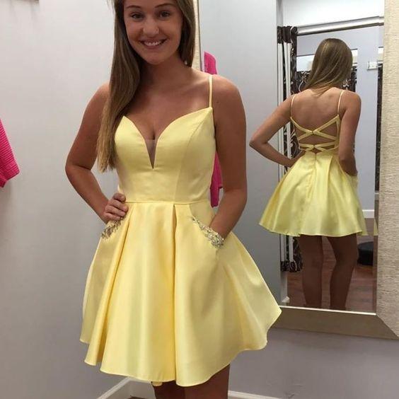 Yellow Short, Short Lizbeth Homecoming Dresses Party Dresses Graduation Dress CD4658