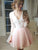 A-Line V-Neck Long Pink Homecoming Dresses Cocktail Jocelyn Sleeves Tulle Dress With Appliques CD536