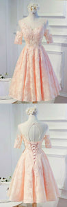 Feminine A-Line Scoop Neck Tea-Length Tulle With Appliques Homecoming Dresses Lace Penny CD5687