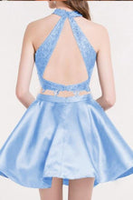 Load image into Gallery viewer, Skye Blue A Line Homecoming Dresses Dulce Two Piece Halter Sleeveless Keyhole Back Appliques Short CD61