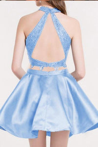 Skye Blue A Line Homecoming Dresses Dulce Two Piece Halter Sleeveless Keyhole Back Appliques Short CD61