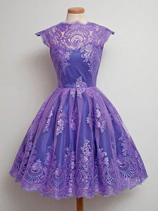 Glamorous A-Line Jewel Cap Sleeves Grape Tulle With Appliques Janice Homecoming Dresses CD6148