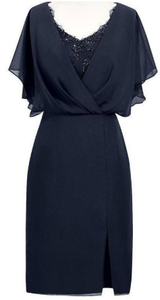 Sheath V-Neck Homecoming Dresses Chiffon Taylor Short Navy Blue Mother Of The Bride With Beading CD821