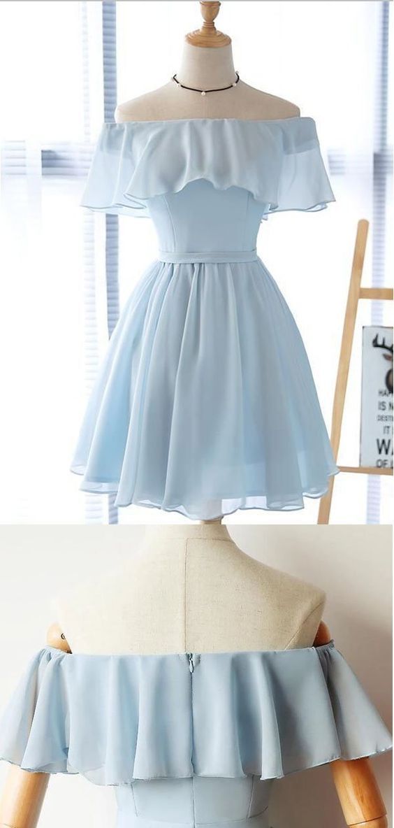 Simple Casey Homecoming Dresses A Line Chiffon Off The Shoulder Light Blue Short CD9058