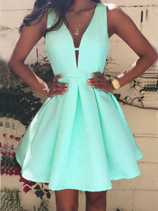 Mint Green Pleated Harper Homecoming Dresses Deep V-Neck High Waisted Tutu Cute Party Mini Dress CD9060
