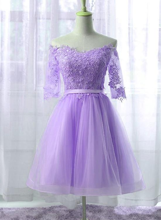 Beautiful Light Purple Tulle Short Sleeves Carla Homecoming Dresses Party Dresses 2024 Knee Length CD9067