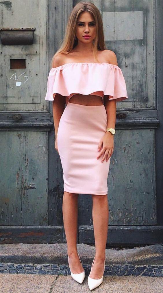 Two Piece Off-The-Shoulder Knee-Length Homecoming Dresses Pink Arielle With Ruffles CD916