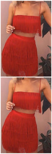 Sleeveless Spaghetti Strap Homecoming Dresses Kaliyah Fringe Crop Top Bodycon Two Piece Mini CD9312