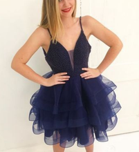 Load image into Gallery viewer, Beautiful Short Dress , Giana Homecoming Dresses Beaded Navy Blue Dress CD935