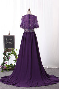 2024 V Neck Prom Dresses A Line Chiffon & Lace With Beads And Slit