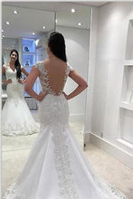 Load image into Gallery viewer, 2024 Mermaid/Trumpet V-Neck Tulle Wedding Dresses With Appliques Cap Sleeves Zipper Up