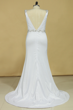 Load image into Gallery viewer, 2022 Plus Size Wedding Dresses A Line V Neck Open Back With Beading Stretch Satin