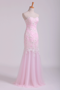 2022 Sweetheart Mermaid Ruffled Bodice Prom Dresses With Rhinestone&Applique Floor Length