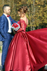 2024 A Line Scoop Prom Dresses Long Sleeves Satin With Applique Court Train