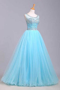 2022 Bateau Beaded Bodice A Line/Princess Prom Dress With Tulle Skirt Open Back