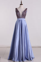 Load image into Gallery viewer, 2022 Satin Prom Dresses A Line Beaded Bodice Open Back A Line