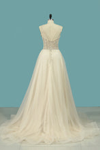 Load image into Gallery viewer, 2022 A Line Spaghetti Straps Wedding Dresses Beaded Bodice Tulle Court Train