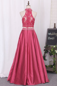 2024 New Prom Dresses A-Line Scoop Floor-Length Lace And Satin With Side Pockets