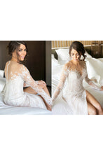 Load image into Gallery viewer, 2024 Scoop Long Sleeves Lace With Slit Wedding Dresses Chapel Train Detachable
