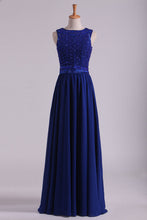 Load image into Gallery viewer, 2022 Dark Royal Blue Prom Dresses Scoop A Line Chiffon With Beading Floor Length