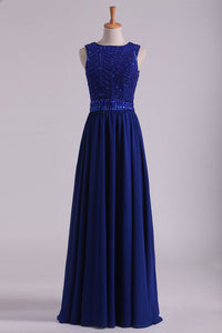 2022 Dark Royal Blue Prom Dresses Scoop A Line Chiffon With Beading Floor Length